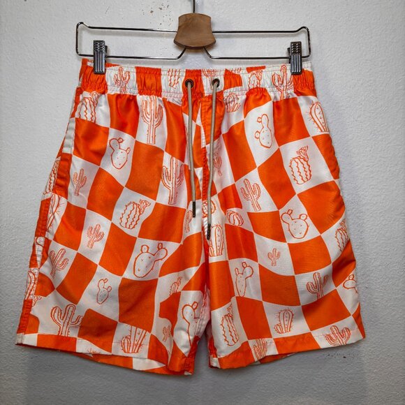NEGATIVE SPACE Mens Short Sleeve Shirt Shorts Set Checked Cactus Orange White M - Picture 6 of 11